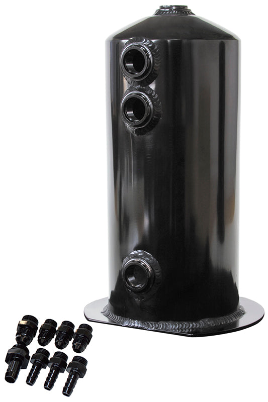 2.5 Litre Spun Alloy Surge Tank   Supplied with 3 x 3/8", 1 x 1/2" Barb fittings and 3 x -6AN, 1 x -8AN male adapters, Black Finish