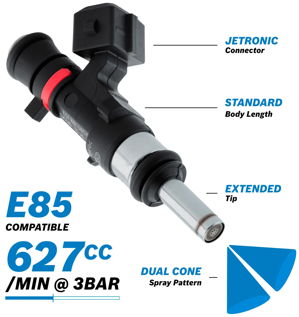 Bosch Motorsport 627ccEV14 Medium JETRONIC Fuel Injector with Extended Tip  627 cc/min (57 lb/hr) @ 3 bar (43.5 psi)