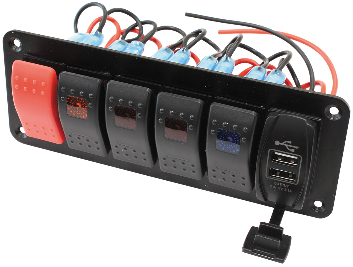 Universal Switch Panel with USB Charging Ports   Start, 4 x On/Off Switches, 2 x USB Charging Ports