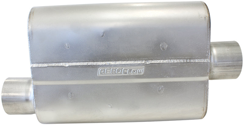 Aeroflow 5000 Series Mufflers - Offset Inlet/Center Outlet   2-1/2" Inlet, 2-1/2" Outlet, 16 gauge Aluminised Steel, Chambered