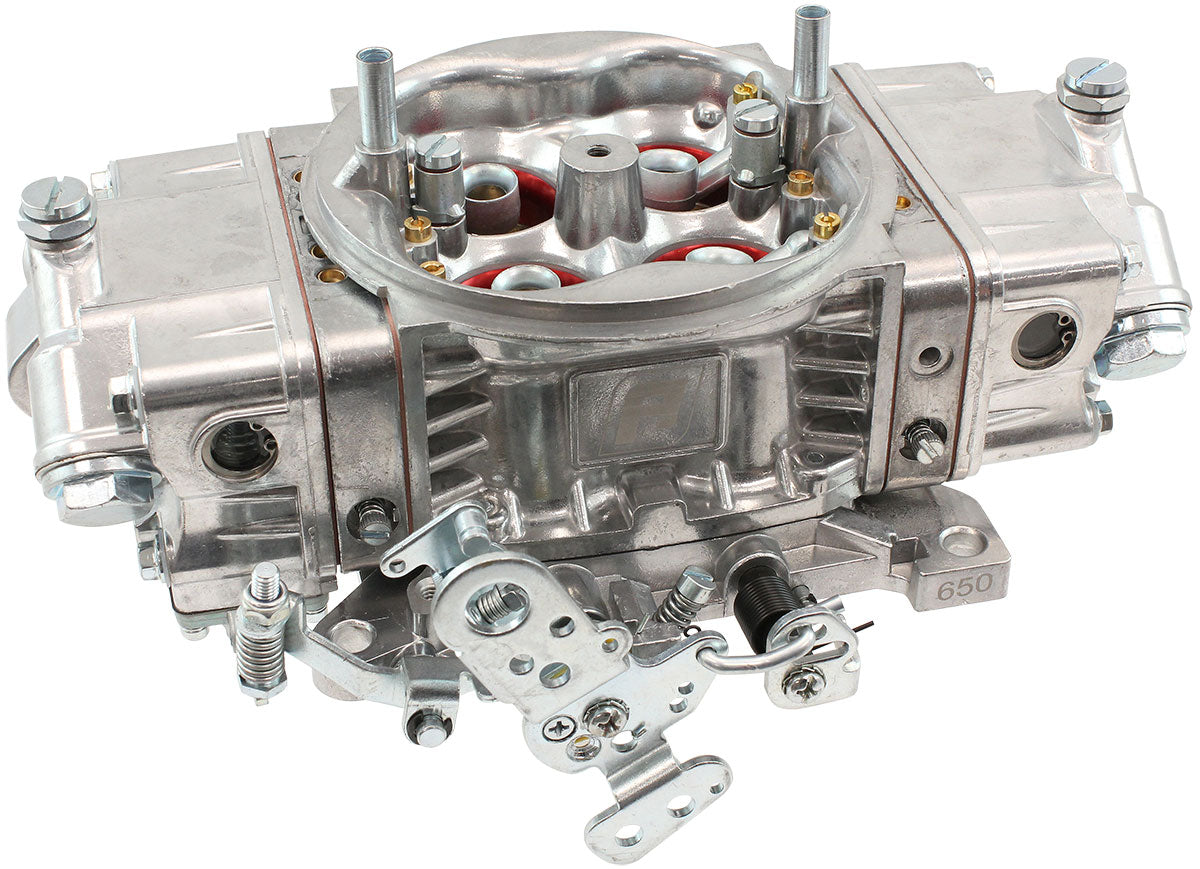 Aeroflow 650cfm 4-Barrel Double Pumper Carburettor with Mechanical Secondaries  Square bore 4150 Flange, No Choke, Silver Finish