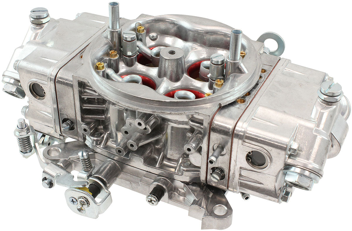 Aeroflow 650cfm 4-Barrel Double Pumper Carburettor with Mechanical Secondaries  Square bore 4150 Flange, No Choke, Silver Finish