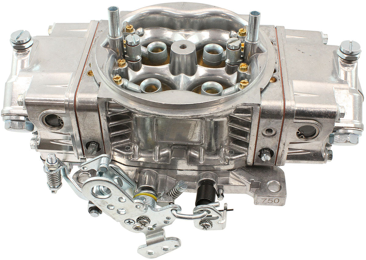 Aeroflow 750cfm 4-Barrel Double Pumper Carburettor with Mechanical Secondaries  Square bore 4150 Flange, No Choke, Silver Finish