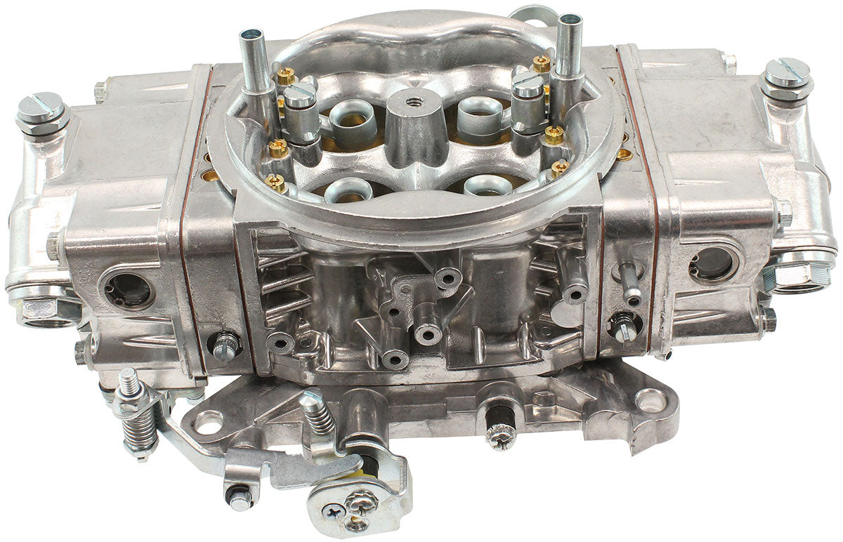 Aeroflow 850cfm 4-Barrel Double Pumper Carburettor with Mechanical Secondaries  Square bore 4150 Flange, No Choke, Silver Finish