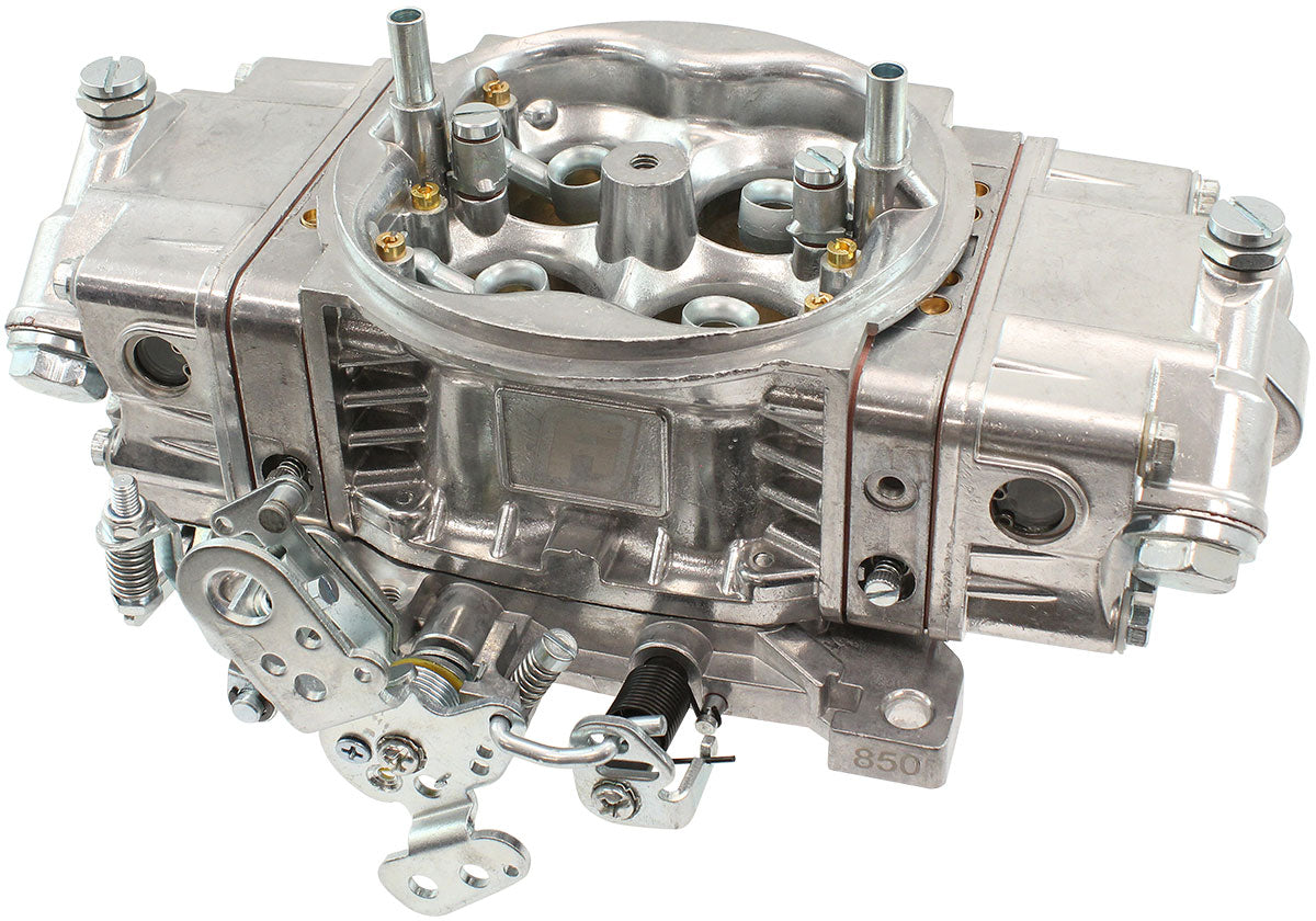 Aeroflow 850cfm 4-Barrel Double Pumper Carburettor with Mechanical Secondaries  Square bore 4150 Flange, No Choke, Silver Finish