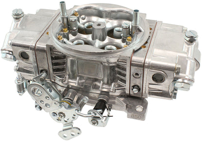 Aeroflow 850cfm 4-Barrel Double Pumper Carburettor with Mechanical Secondaries  Square bore 4150 Flange, No Choke, Silver Finish