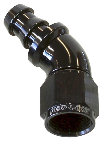 510 Series Full Flow Tight Radius Push Lock 45° Hose End -4AN  Black Finish. Suits 400 & 500 Series Hose