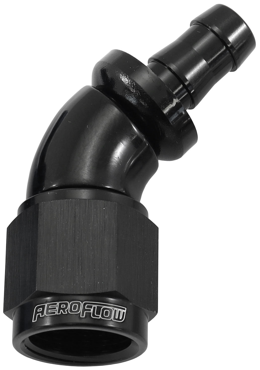 510 Series Full Flow Tight Radius Push Lock 45° Hose End -6AN To 5/16" (8mm) Barb  Black Finish. Suits 400 & 500 Series Hose