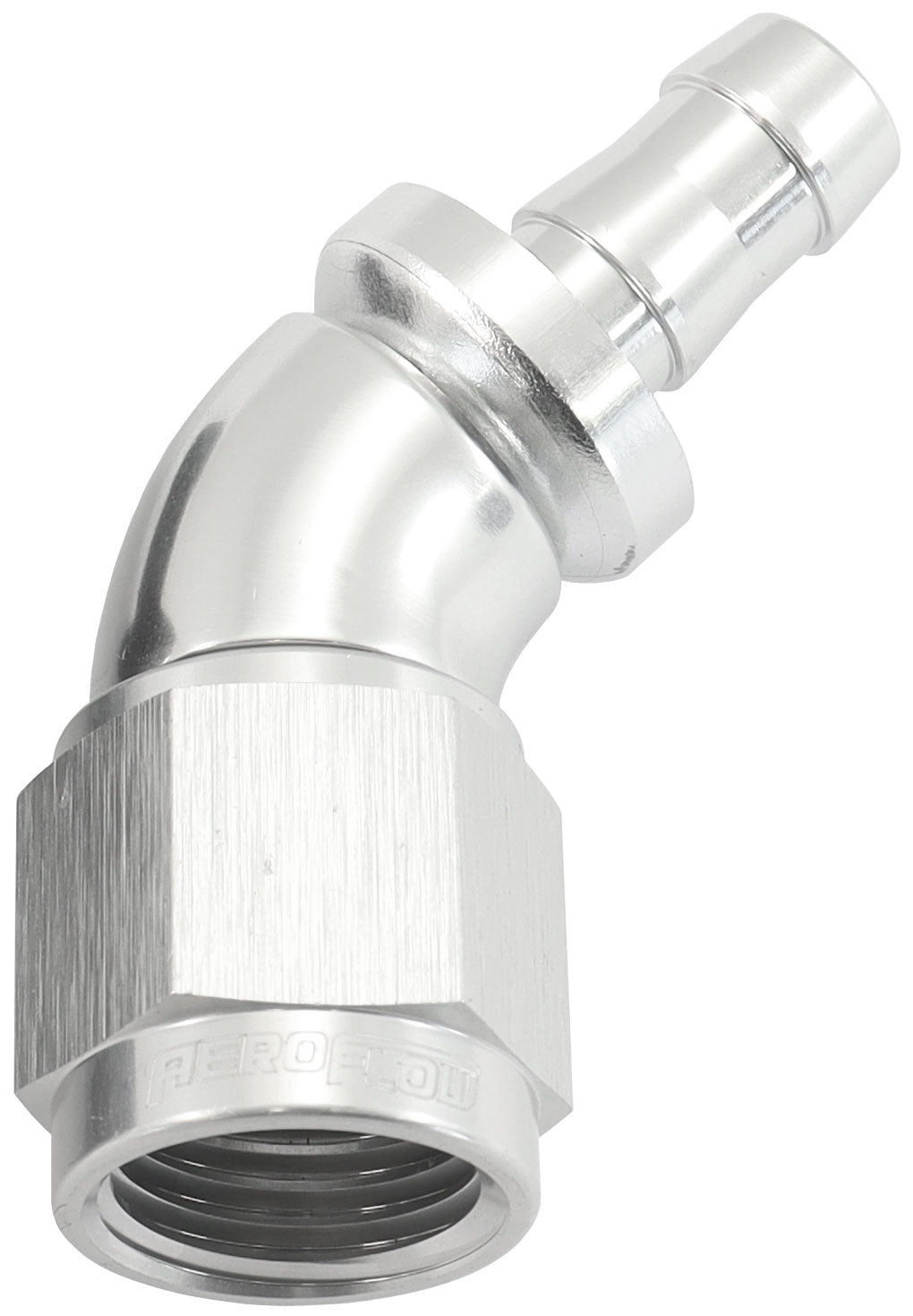510 Series Full Flow Tight Radius Push Lock 45° Hose End -6AN To 5/16" (8mm) Barb  Silver Finish. Suits 400& 500 Series Hose