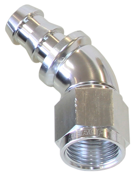 510 Series Full Flow Tight Radius Push Lock 45° Hose End -8AN  Silver Finish. Suits 400 & 500 Series Hose