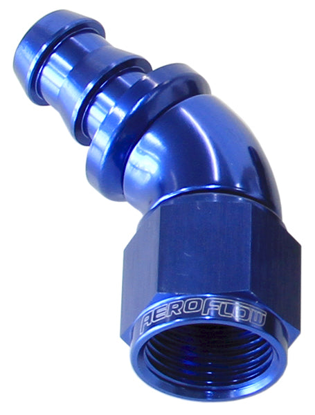 510 Series Full Flow Tight Radius Push Lock 45° Hose End -10AN   Blue Finish. Suits 400 & 500 Series Hose