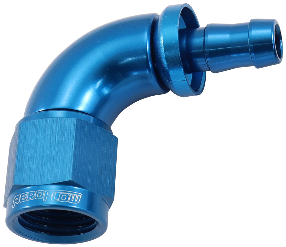 510 Series Full Flow Tight Radius Push Lock 90° Hose End -6AN To 5/16" (8mm) Barb  Blue Finish. Suits 400 & 500 Series Hose