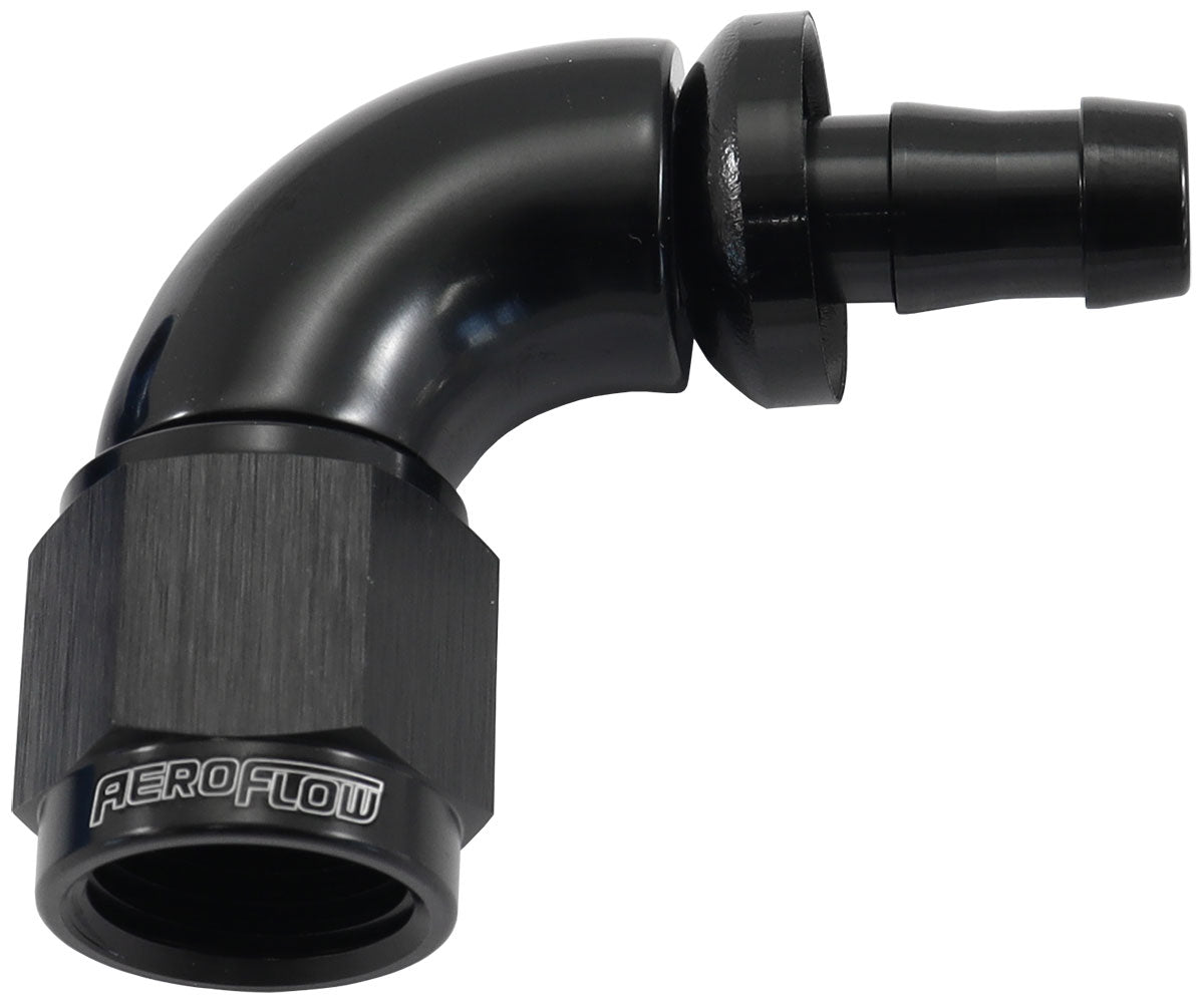 510 Series Full Flow Tight Radius Push Lock 90° Hose End -6AN To 5/16" (8mm) Barb  Black Finish. Suits 400 & 500 Series Hose