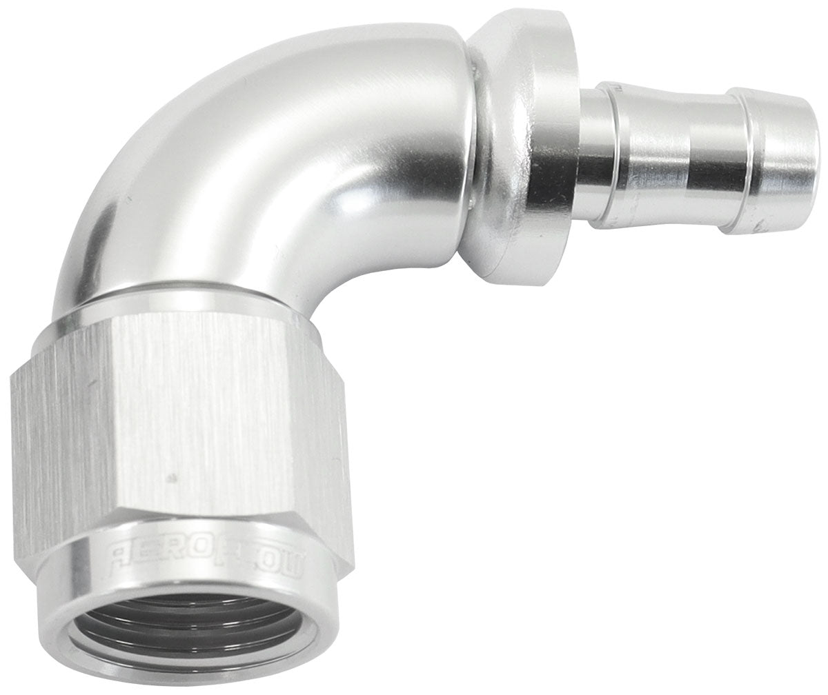 510 Series Full Flow Tight Radius Push Lock 90° Hose End -6AN To 5/16" (8mm) Barb  Silver Finish. Suits 400& 500 Series Hose