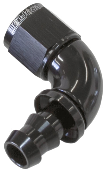 510 Series Full Flow Tight Radius Push Lock 90° Hose End -8AN  Black Finish. Suits 400 & 500 Series Hose