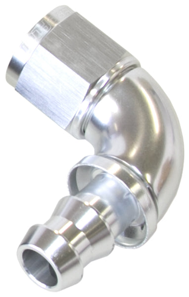 510 Series Full Flow Tight Radius Push Lock 90° Hose End -12AN   Silver Finish. Suits 400 & 500 Series Hose