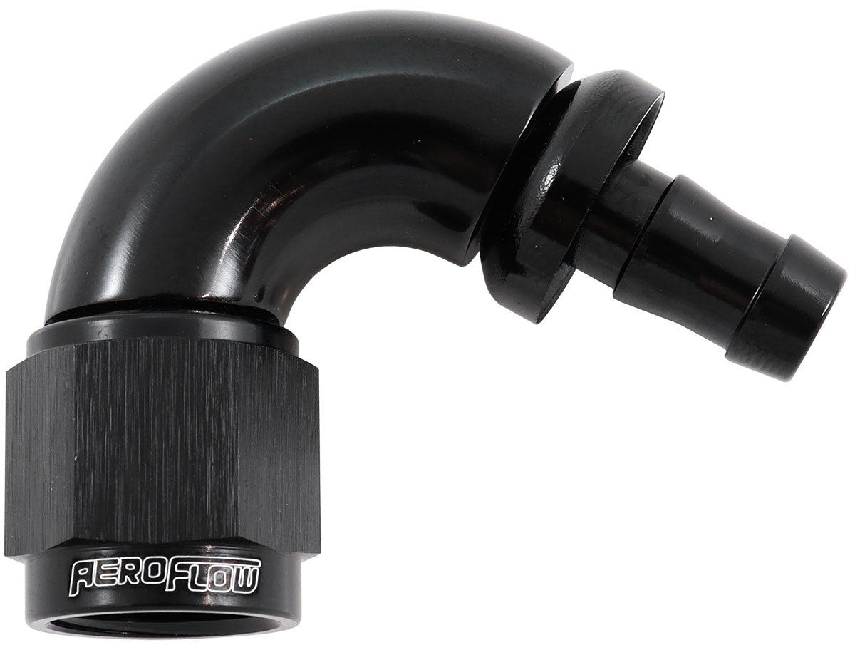 510 Series Full Flow Tight Radius Push Lock 120° Hose End -6AN To 5/16" (8mm) Barb   Black Finish. Suits 400 & 500 Series Hose