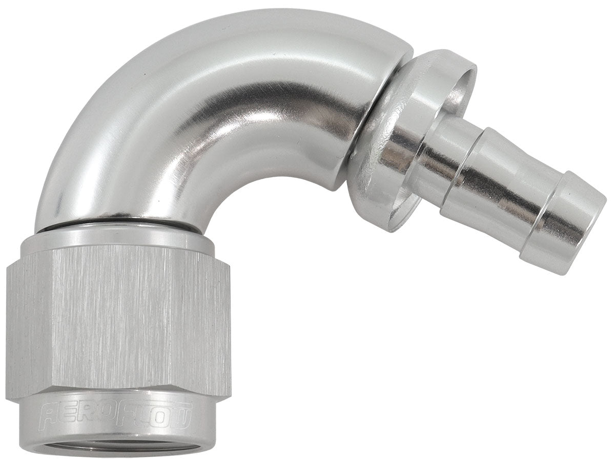 510 Series Full Flow Tight Radius Push Lock 120° Hose End -6AN To 5/16" (8mm) Barb   Silver Finish. Suits 400 & 500 Series Hose