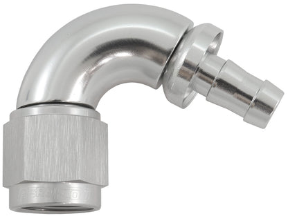 510 Series Full Flow Tight Radius Push Lock 120° Hose End -6AN To 5/16" (8mm) Barb   Silver Finish. Suits 400 & 500 Series Hose