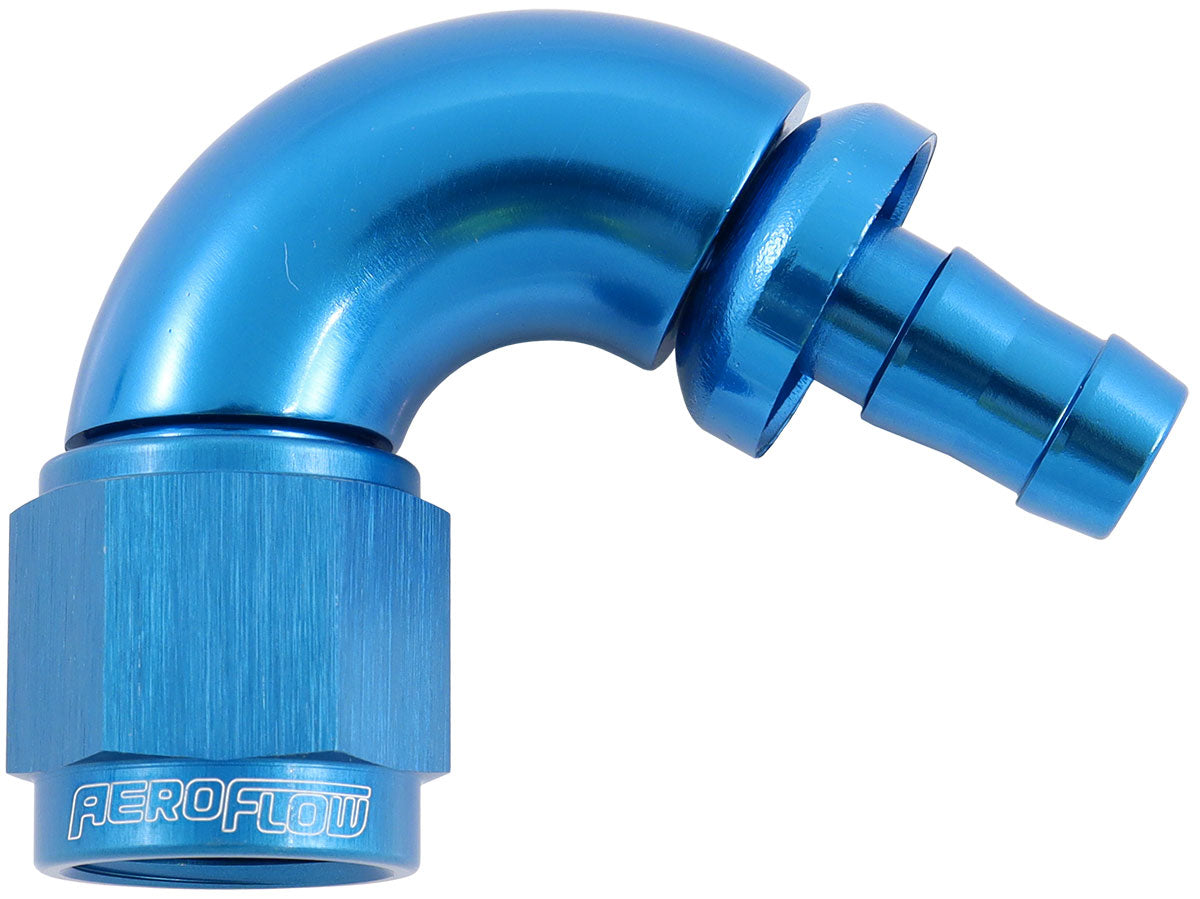 510 Series Full Flow Tight Radius Push Lock 120° Hose End -6AN To 5/16" (8mm) Barb   Blue Finish. Suits 400 & 500 Series Hose
