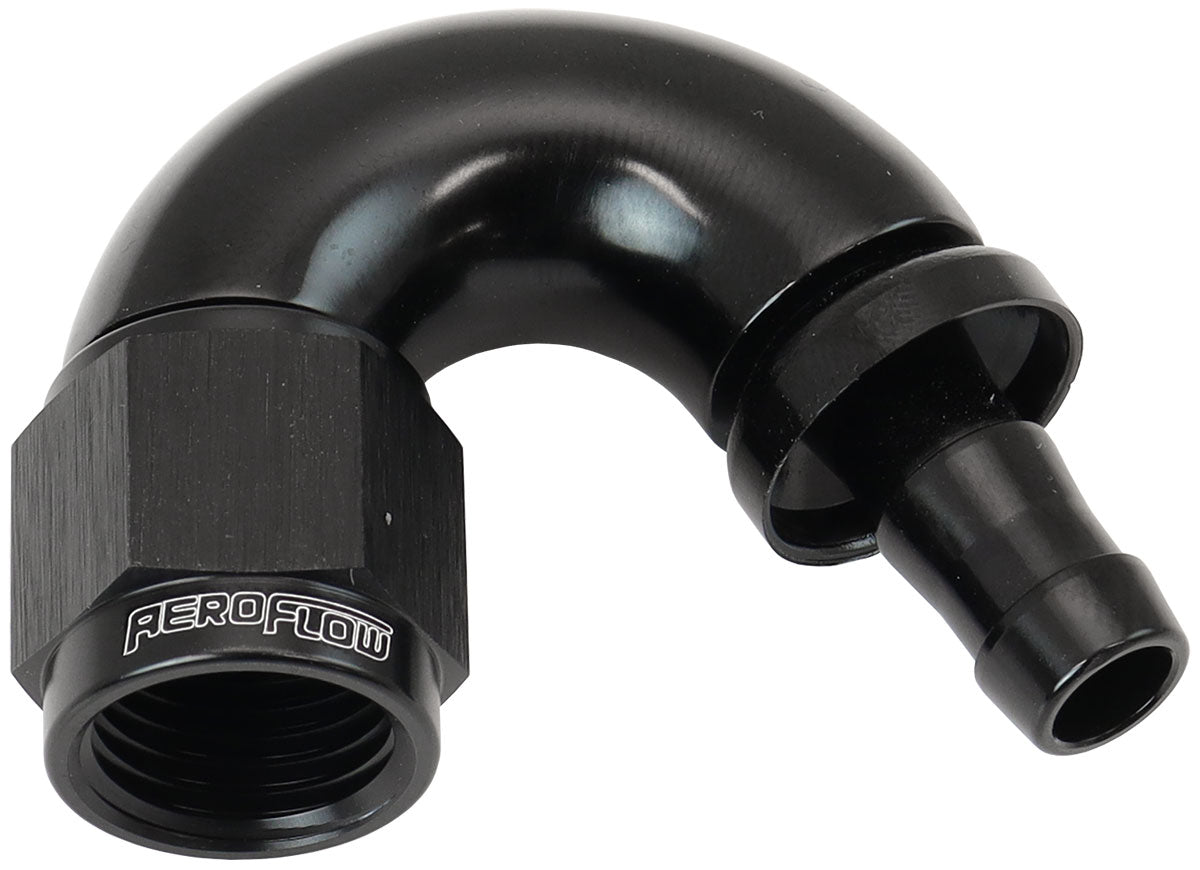 510 Series Full Flow Tight Radius Push Lock 150Â° Hose End -6AN To 5/16" (8mm) Barb   Black Finish. Suits 400 & 500 Series Hose