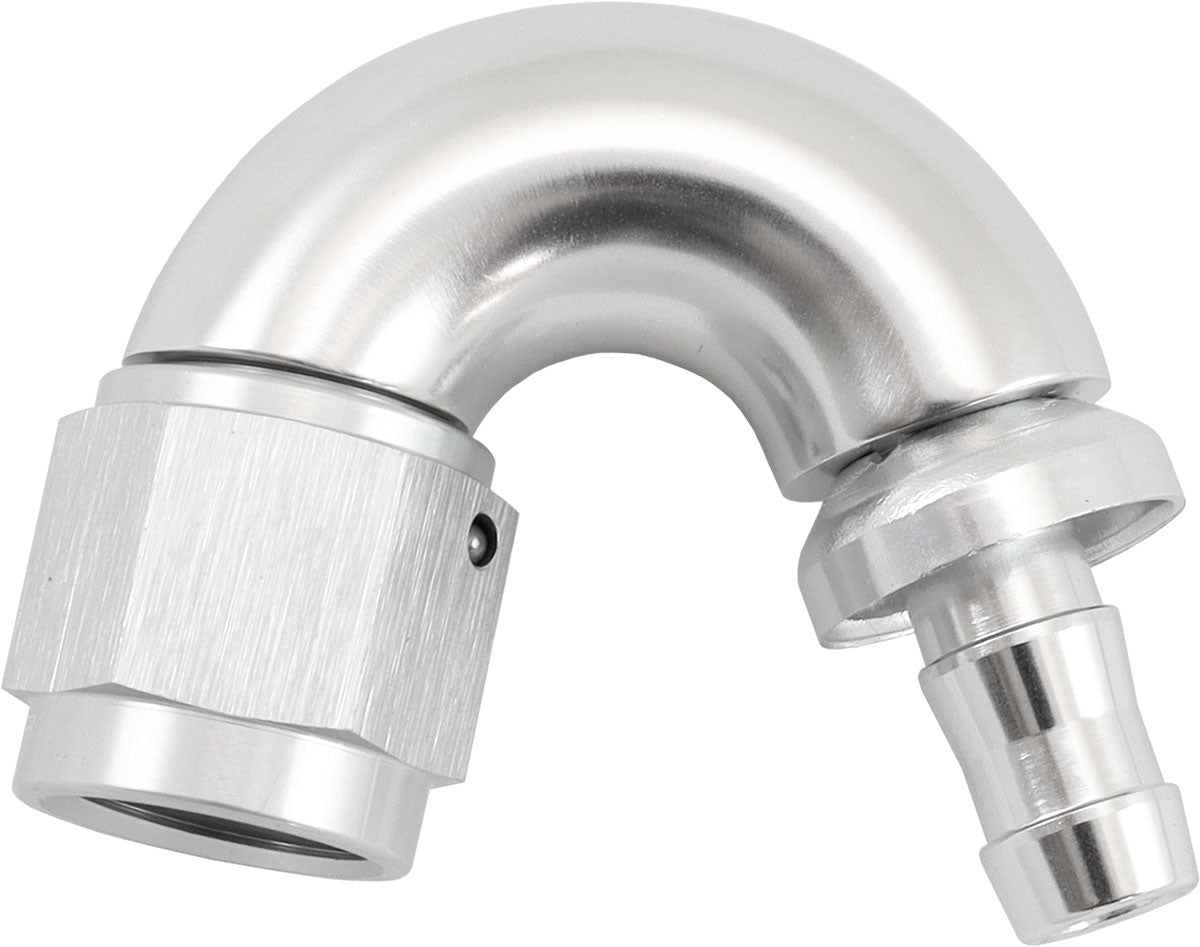 510 Series Full Flow Tight Radius Push Lock 120Â° Hose End -6AN To 5/16" (8mm) Barb   Silver Finish. Suits 400 & 500 Series Hose