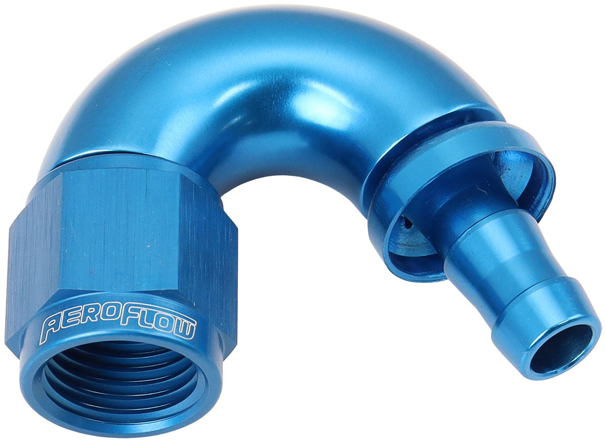 510 Series Full Flow Tight Radius Push Lock 150Â° Hose End -6AN To 5/16" (8mm) Barb   Blue Finish. Suits 400 & 500 Series Hose