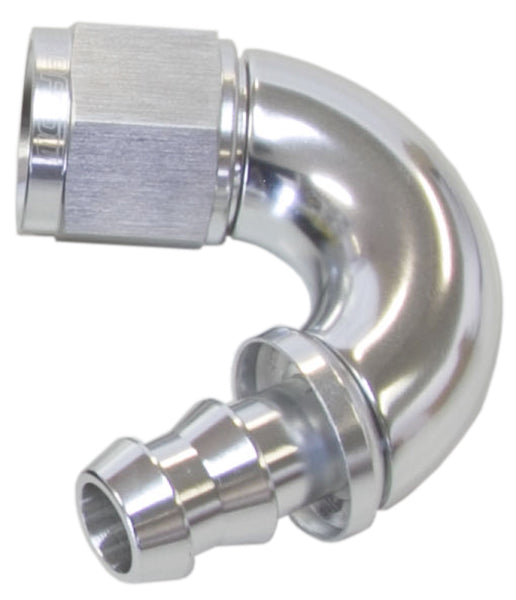 510 Series Full Flow Tight Radius Push Lock 150° Hose End -10AN   Silver Finish. Suits 400 & 500 Series Hose