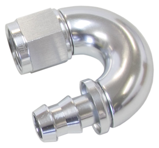 510 Series Full Flow Tight Radius Push Lock 180° Hose End -4AN   Silver Finish. Suits 400 & 500 Series Hose