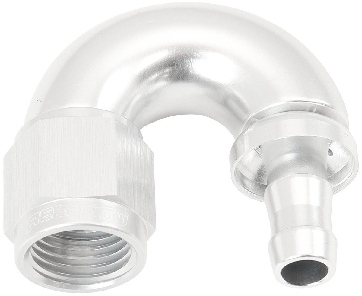 510 Series Full Flow Tight Radius Push Lock 180Â° Hose End -6AN To 5/16" (8mm) Barb   Silver Finish. Suits 400 & 500 Series Hose