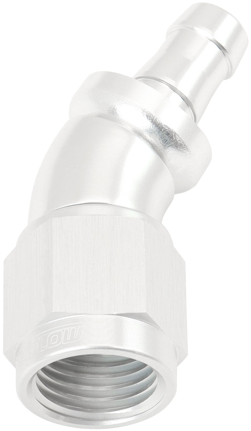 510 Series Full Flow Tight Radius Push Lock 30° Hose End -6AN To 5/16" (8mm) Barb   Silver Finish. Suits 400 & 500 Series Hose
