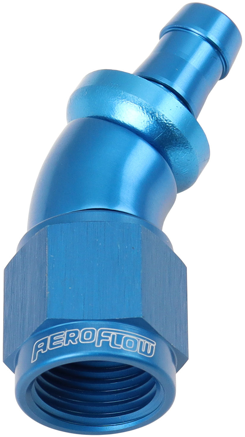 510 Series Full Flow Tight Radius Push Lock 30° Hose End -6AN To 5/16" (8mm) Barb   Blue Finish. Suits 400 & 500 Series Hose