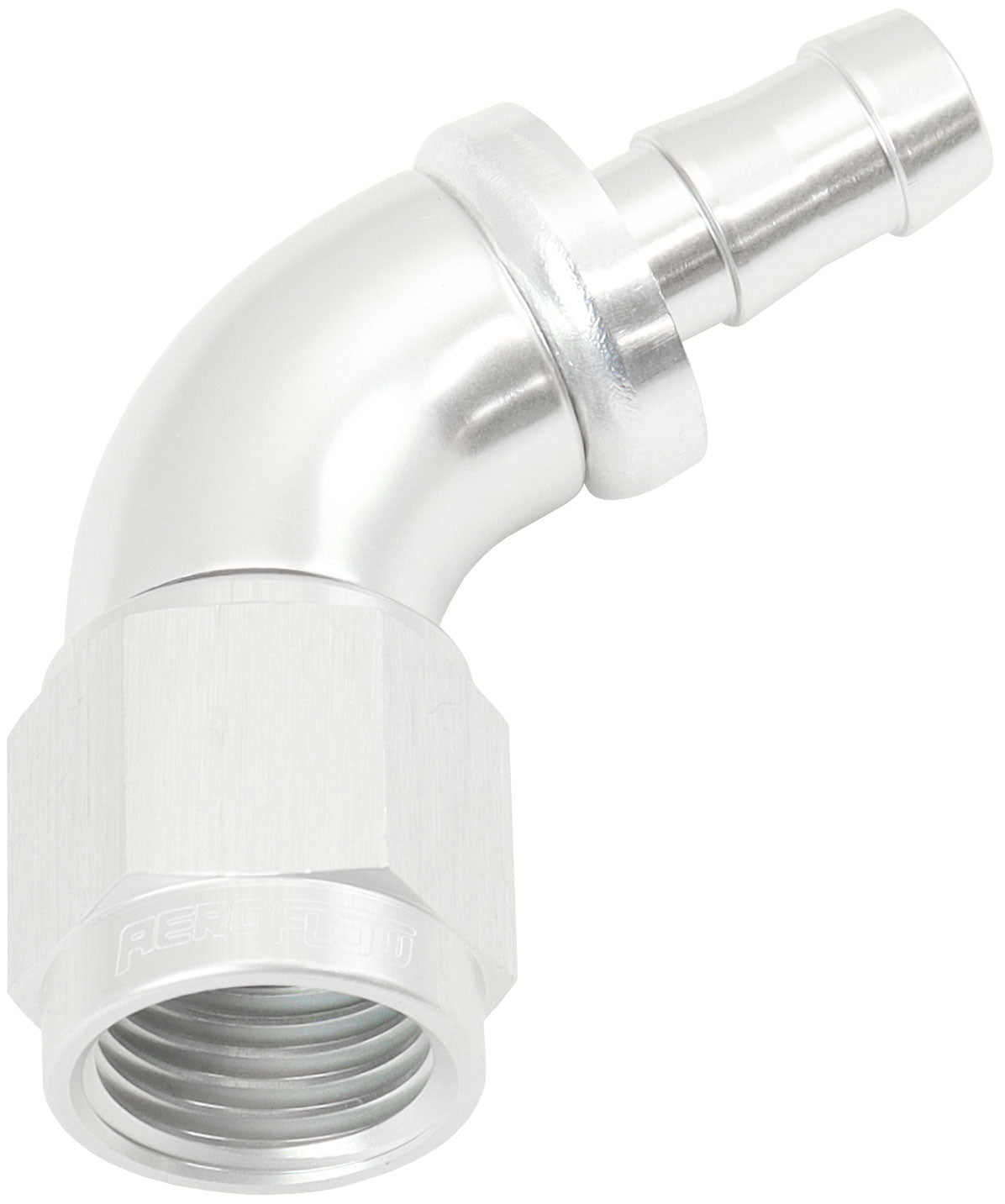 510 Series Full Flow Tight Radius Push Lock 60° Hose End -6AN To 5/16" (8mm) Barb   Silver Finish. Suits 400 & 500 Series Hose