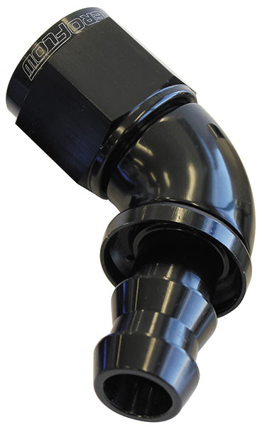 510 Series Full Flow Tight Radius Push Lock 60° Hose End -6AN  Black Finish. Suits 400 & 500 Series Hose