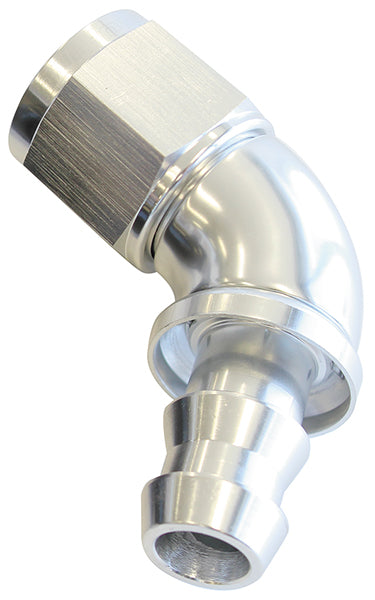 510 Series Full Flow Tight Radius Push Lock 60° Hose End -6AN  Silver Finish. Suits 400 & 500 Series Hose
