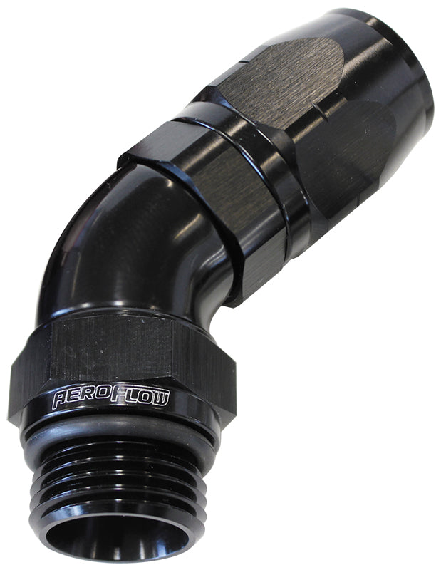 45° Male ORB Full Flow Swivel Hose End -6 ORB to -6AN  Black Finish. Suits 100 & 450 Series Hose