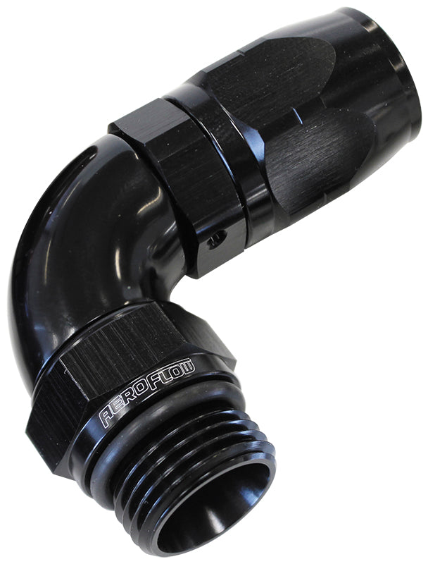 90° Male ORB Full Flow Swivel Hose End -12 ORB to -10AN  Black Finish. Suits 100 & 450 Series Hose