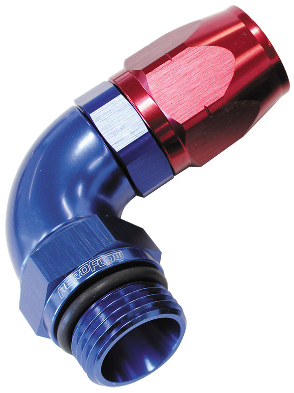 90° Male ORB Full Flow Swivel Hose End -10 ORB to -12AN   Blue/Red Finish. Suits 100 & 450 Series Hose