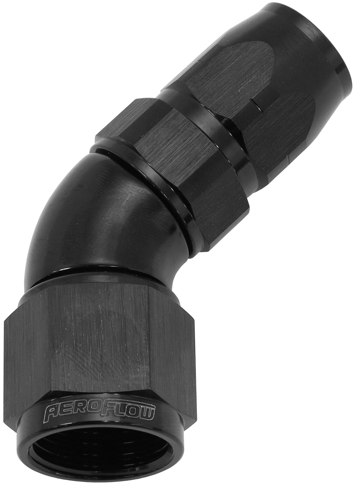 550 Series Cutter Style One Piece Swivel 45° Stepped Hose End -8AN to -6 Hose   Black Finish. Suits 100 & 450 Series Hose