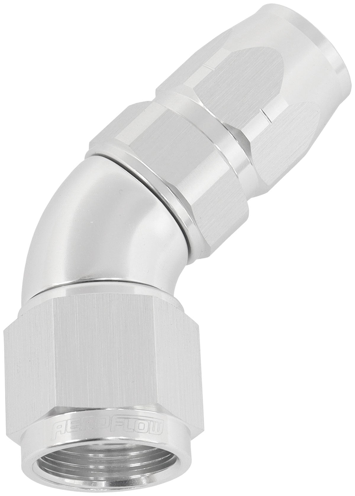 550 Series Cutter Style One Piece Swivel 45° Stepped Hose End -8AN to -6 Hose   Silver Finish. Suits 100 & 450 Series Hose