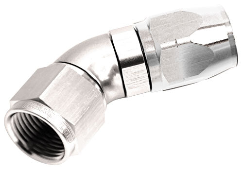 550 Series Cutter One-Piece Full Flow Swivel 45° Hose End -6AN   Silver Finish. Suits 100 & 450 Series Hose