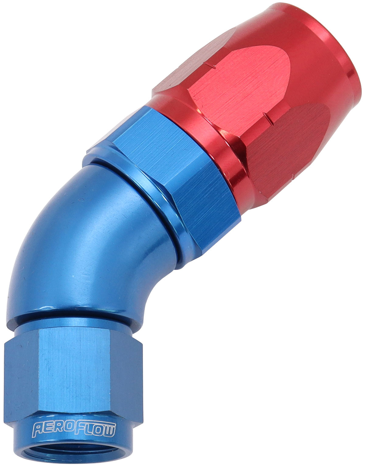 550 Series Cutter Style One Piece Swivel 45° Stepped Hose End -6AN to -8 Hose   Blue/Red Finish. Suits 100 & 450 Series Hose