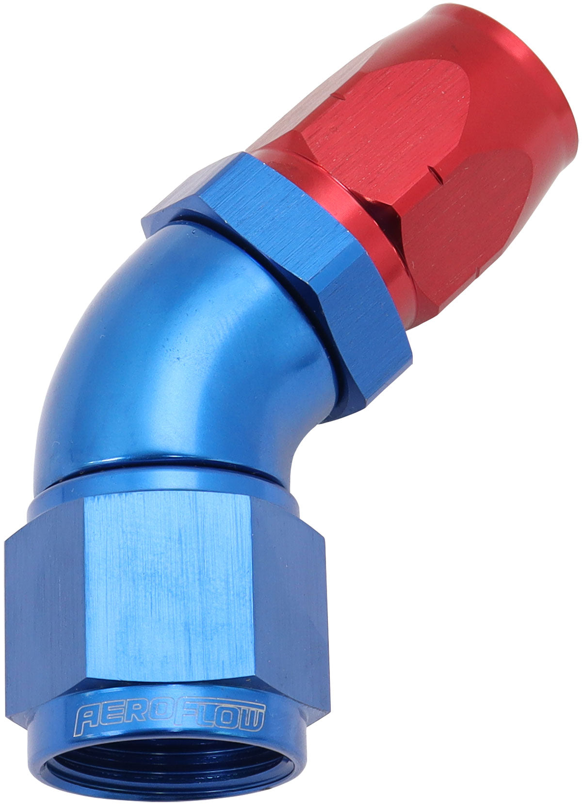 550 Series Cutter Style One Piece Swivel 45° Stepped Hose End -10AN to -8 Hose    Blue/Red Finish. Suits 100 & 450 Series Hose