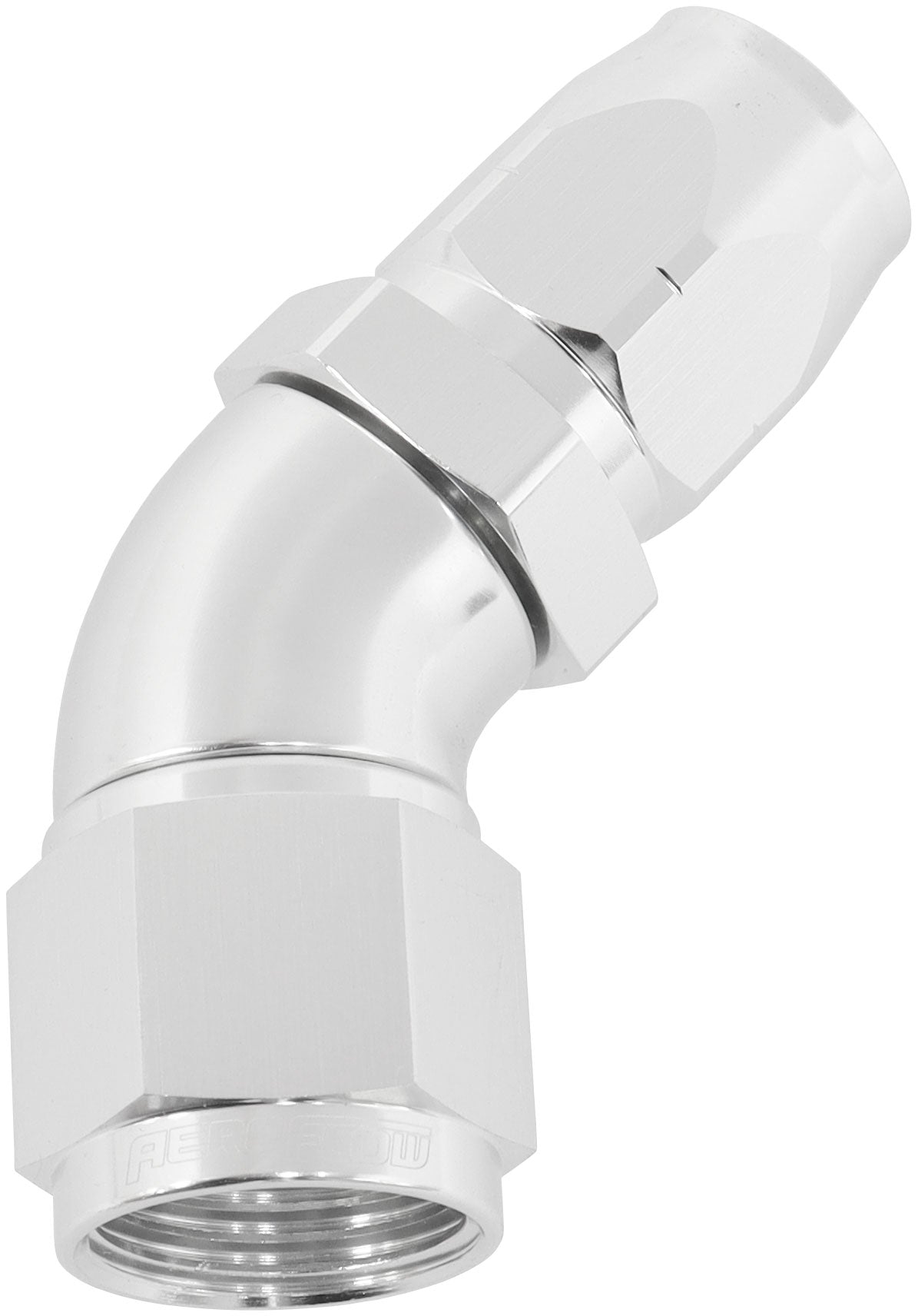 550 Series Cutter Style One Piece Swivel 45° Stepped Hose End -10AN to -8 Hose    Silver Finish. Suits 100 & 450 Series Hose