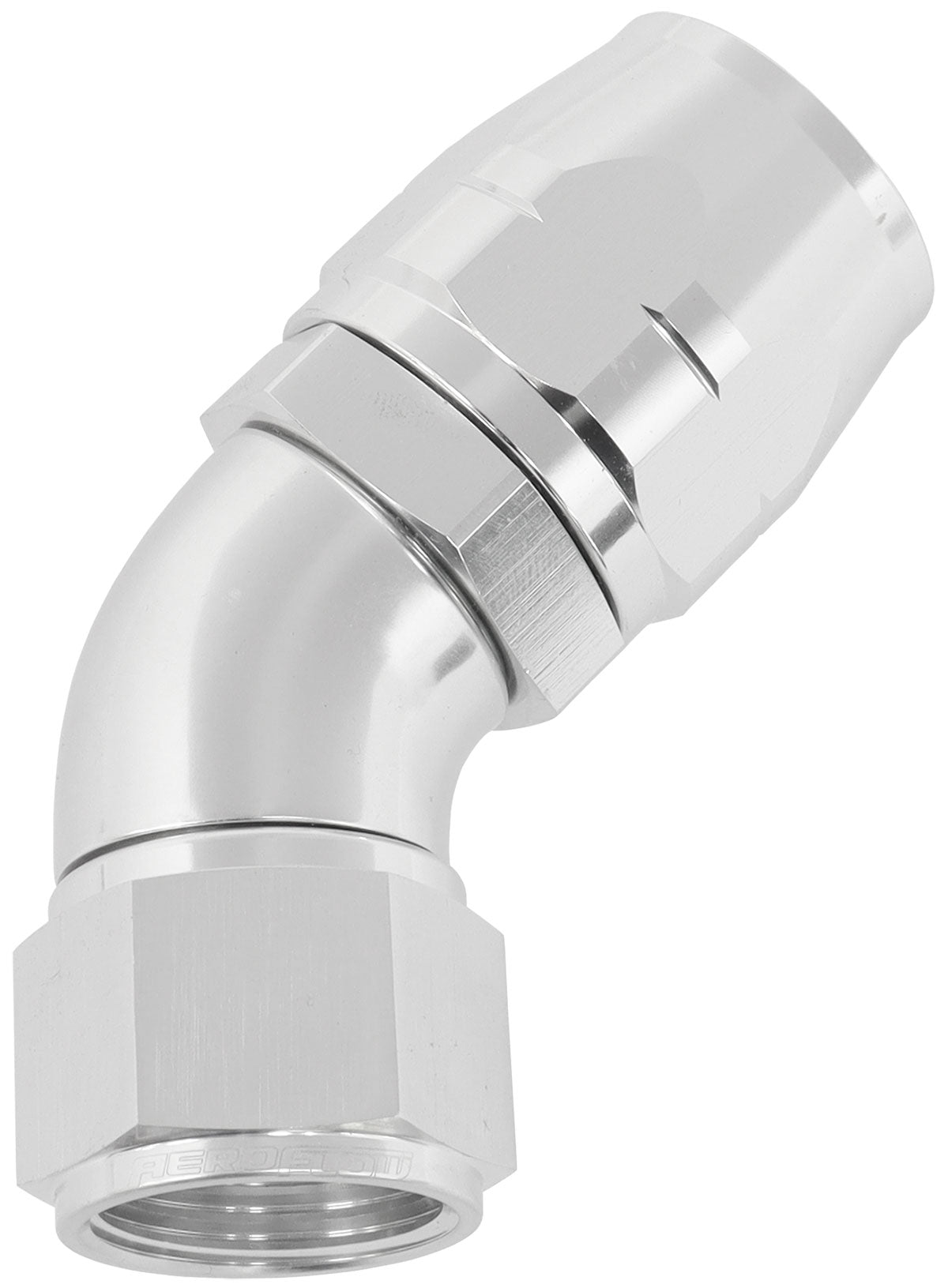 550 Series Cutter Style One Piece Swivel 45° Stepped Hose End -12AN to -16 Hose   Silver Finish. Suits 100 & 450 Series Hose