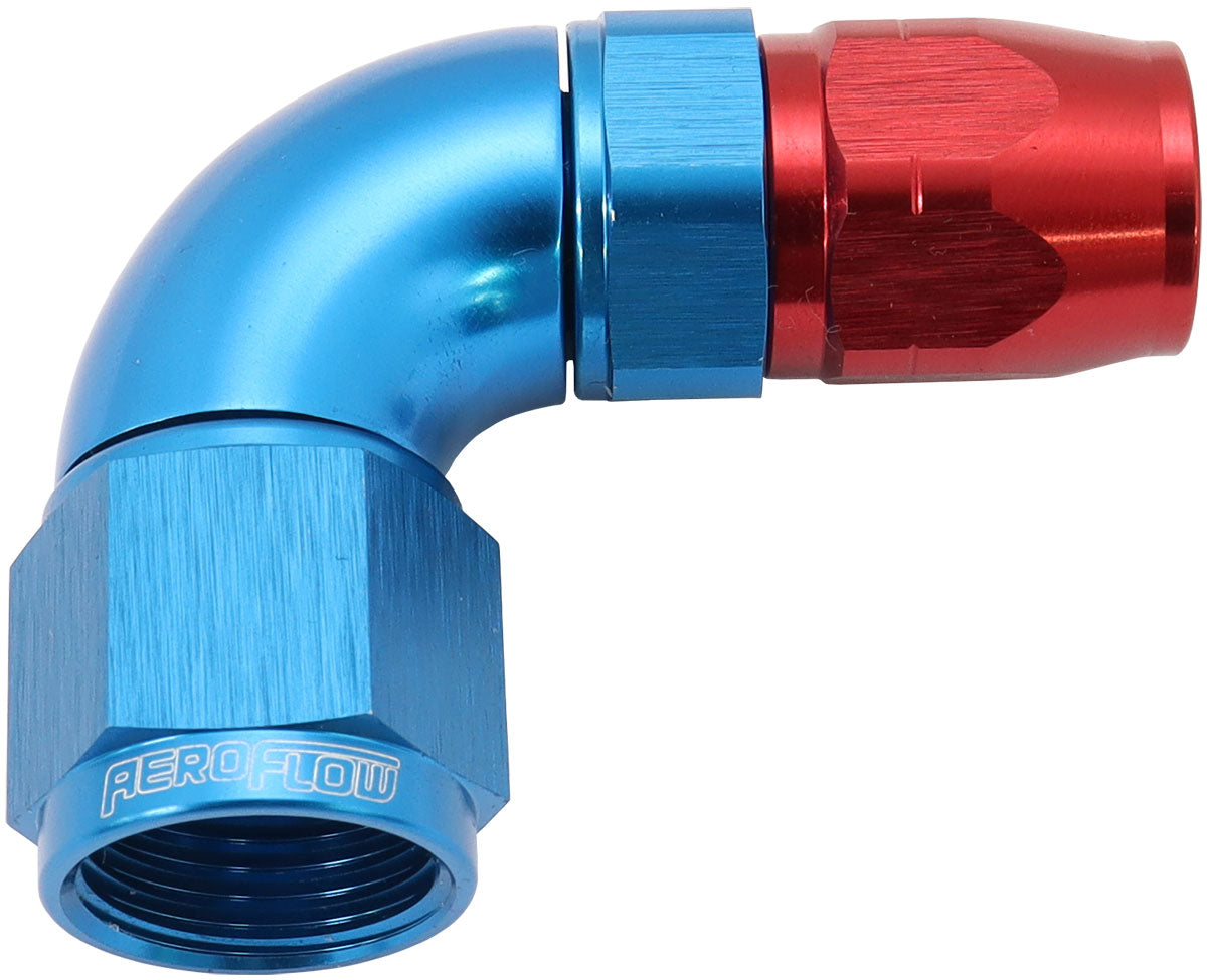 550 Series Cutter Style One Piece Swivel 90° Stepped Hose End -8AN to -6 Hose   Blue/Red Finish. Suits 100 & 450 Series Hose