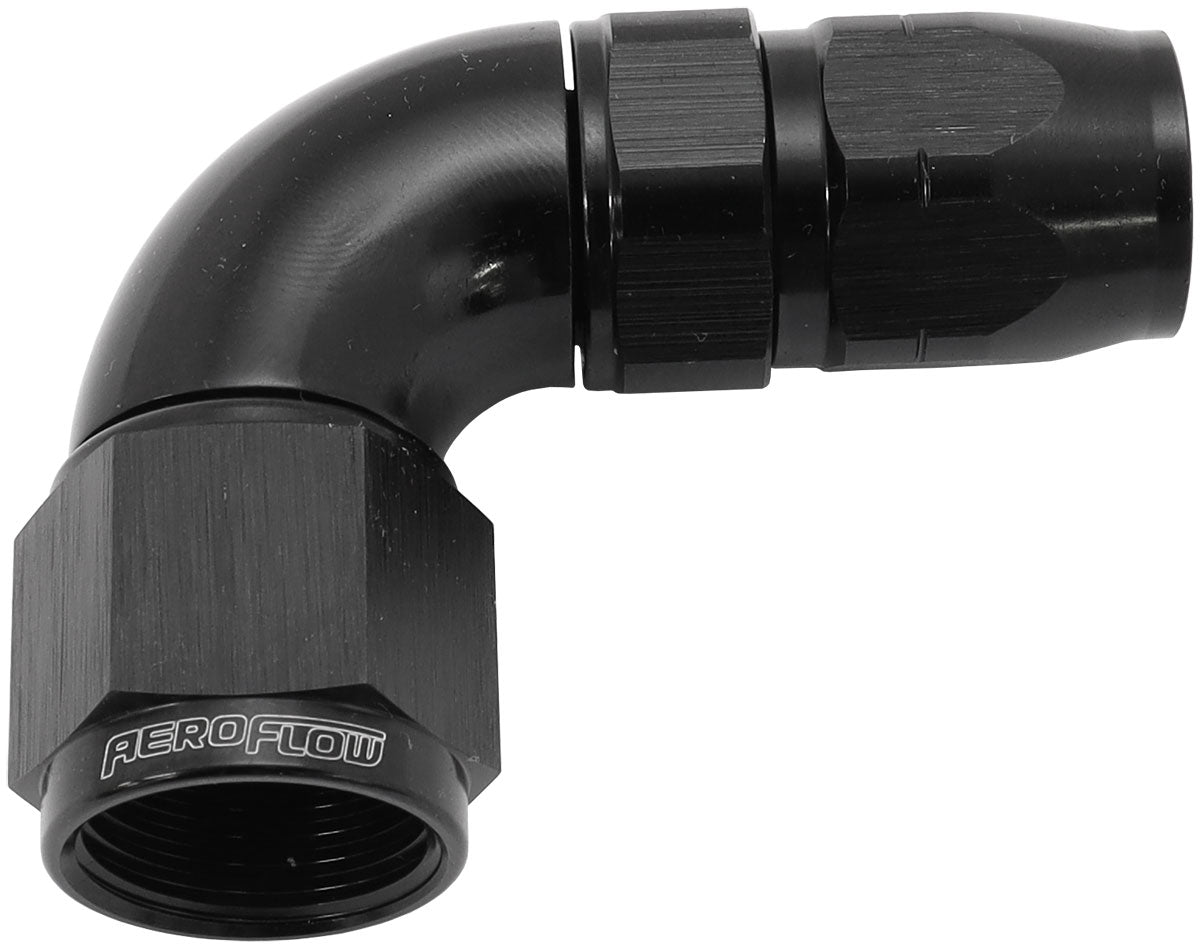 550 Series Cutter Style One Piece Swivel 90° Stepped Hose End -8AN to -6 Hose   Black Finish. Suits 100 & 450 Series Hose
