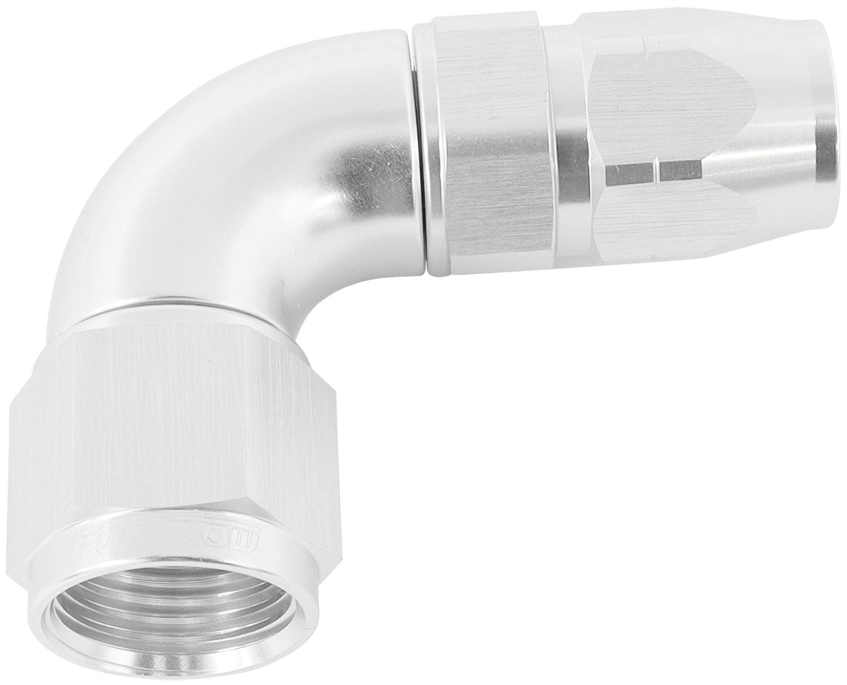 550 Series Cutter Style One Piece Swivel 90° Stepped Hose End -8AN to -6 Hose   Silver Finish. Suits 100 & 450 Series Hose