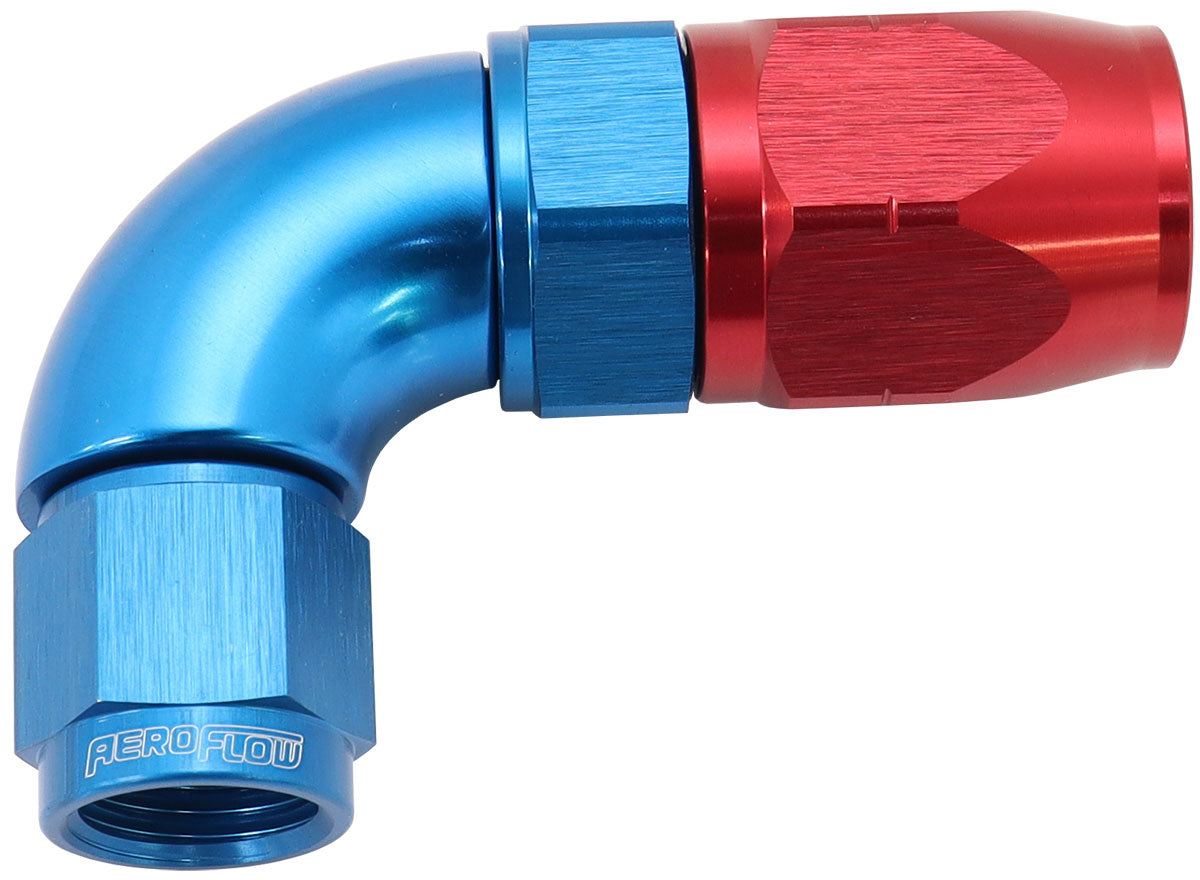 550 Series Cutter Style One Piece Swivel 90° Stepped Hose End -6AN to -8 Hose   Blue/Red Finish. Suits 100 & 450 Series Hose