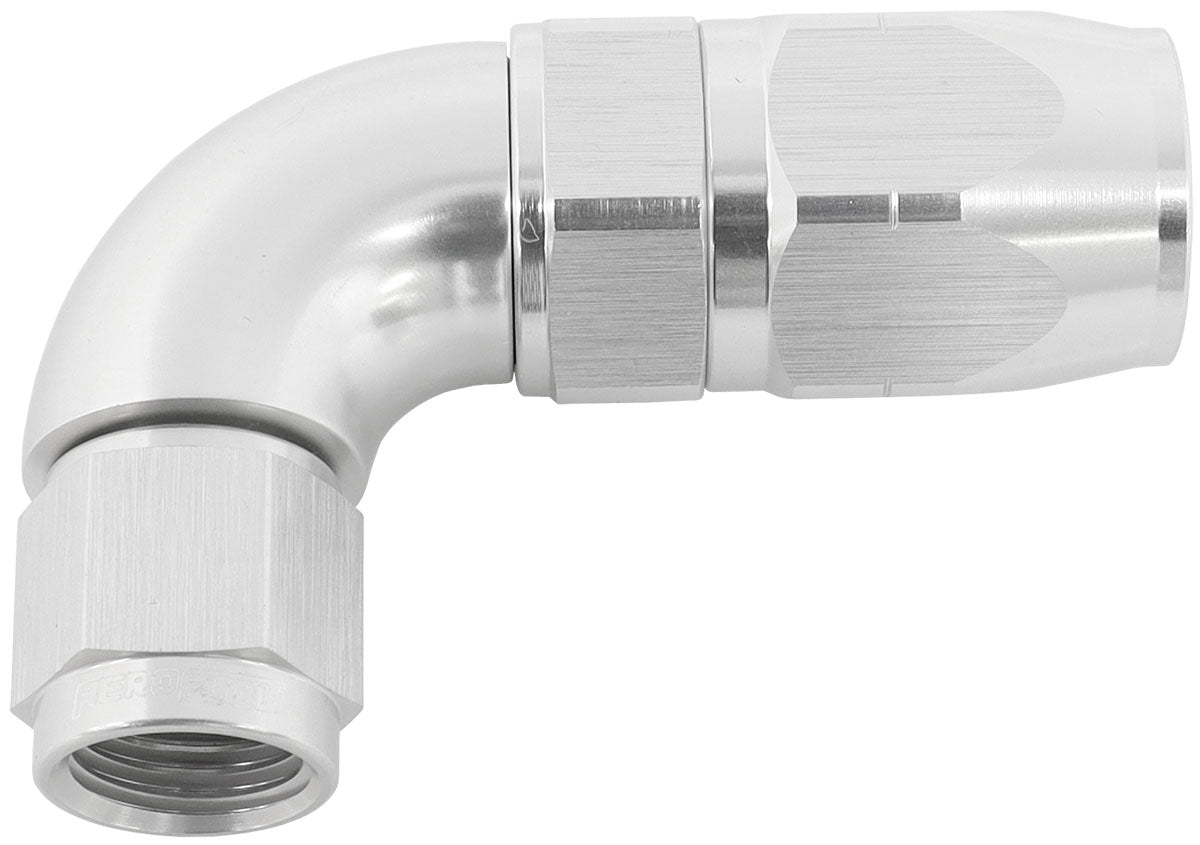 550 Series Cutter Style One Piece Swivel 90° Stepped Hose End -6AN to -8 Hose   Silver Finish. Suits 100 & 450 Series Hose